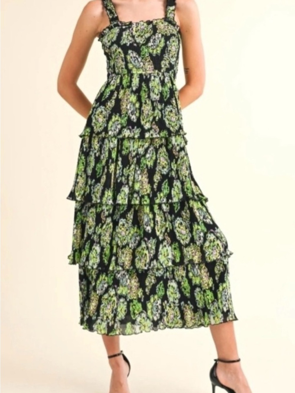 Tiered Floral Maxi Dress in Black and Green - Women's reset by Jane Sabine